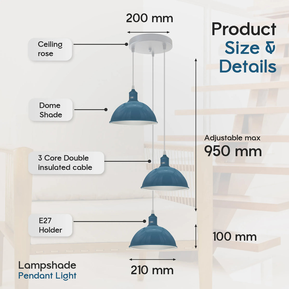 3-Light Cluster Pendant – Coloured Holders & Shades, Plate or Bar - photo 3