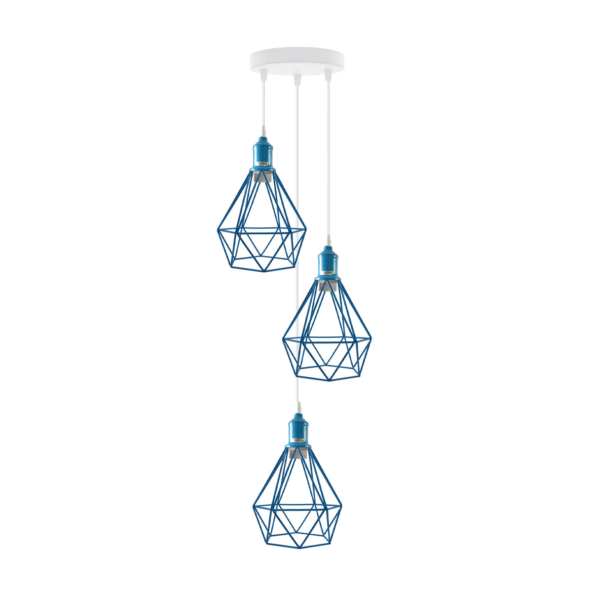 3-Light Cluster Pendant – Coloured Holders & Shades, Plate or Bar - Blue, Diamond Cage Blue 200 mm Rose, Without Bulb