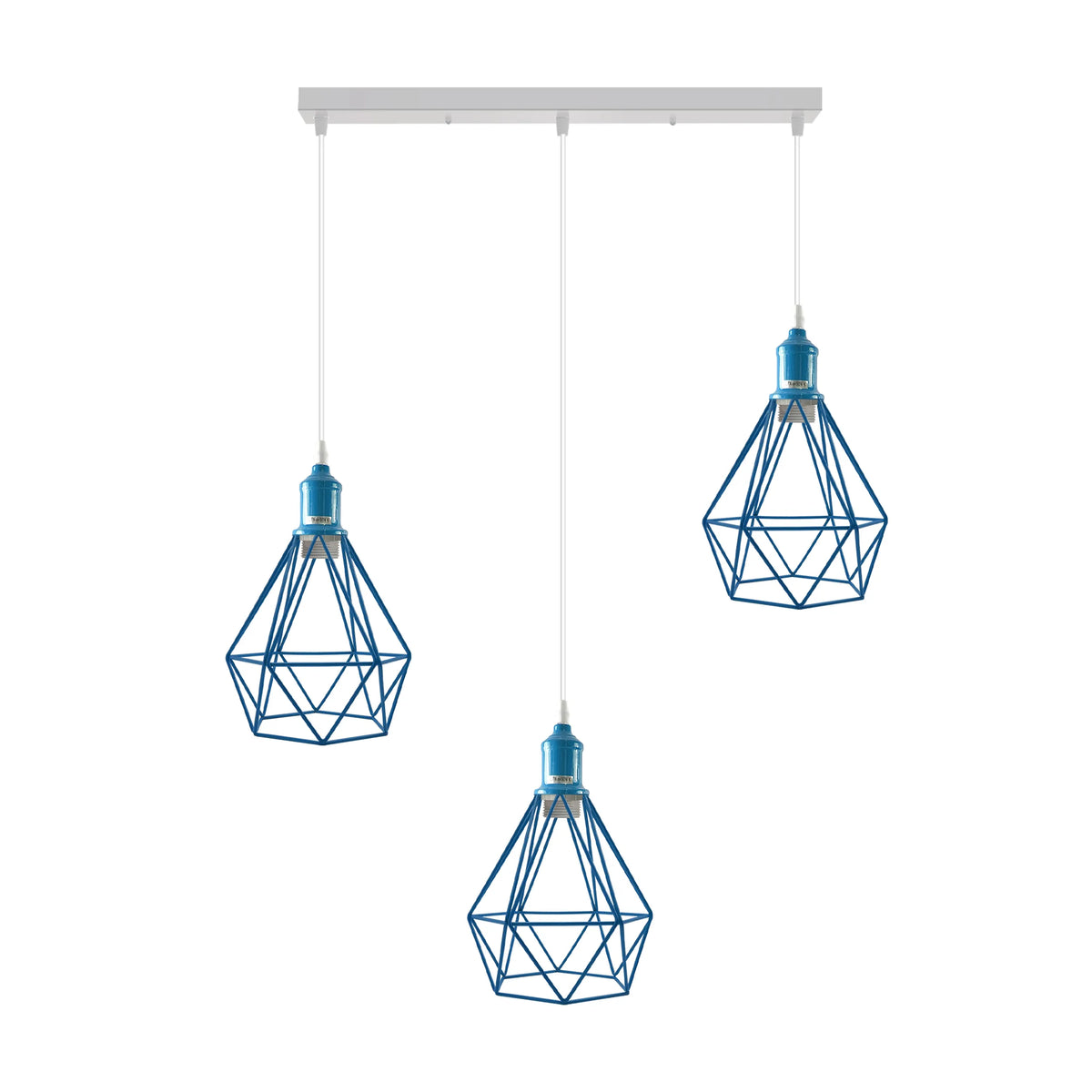 3-Light Cluster Pendant – Coloured Holders & Shades, Plate or Bar - Blue, Diamond Cage Blue 500 mm Rose, Without Bulb