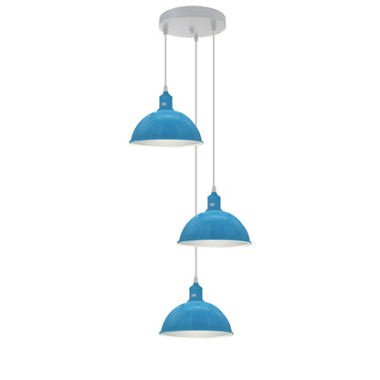 3-Light Cluster Pendant – Coloured Holders & Shades, Plate or Bar - Blue, Dome 21 cm Blue 200 mm Rose Cord Grip, Without Bulb