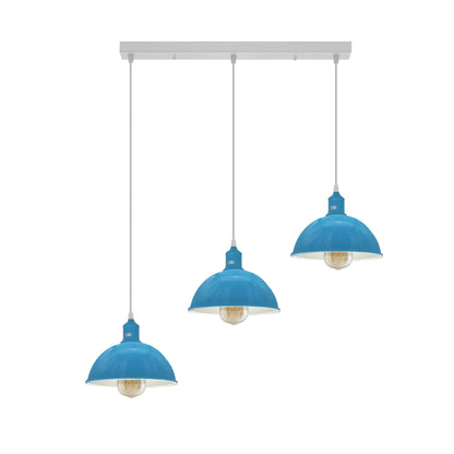 3-Light Cluster Pendant – Coloured Holders & Shades, Plate or Bar - Blue, Dome 21 cm Blue, ST64 LED Bulb 4W