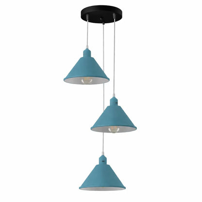 3-Light Cluster Pendant – Coloured Holders & Shades, Plate or Bar - Blue, Flat Cone 22 cm Blue, ST64 LED Bulb 4W