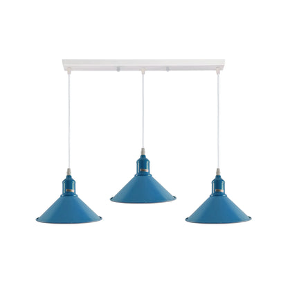 3-Light Cluster Pendant – Coloured Holders & Shades, Plate or Bar - Blue, Flat Cone 22 cm Blue, Without Bulb