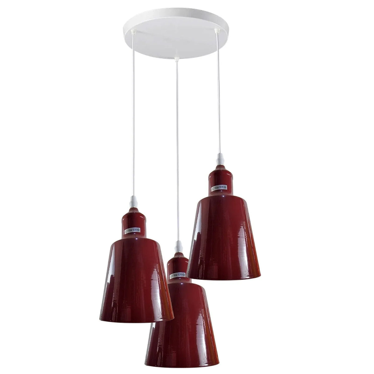 3-Light Cluster Pendant – Coloured Holders & Shades, Plate or Bar - Burgundy, Tall Bell 15 cm Burgundy, Without Bulb