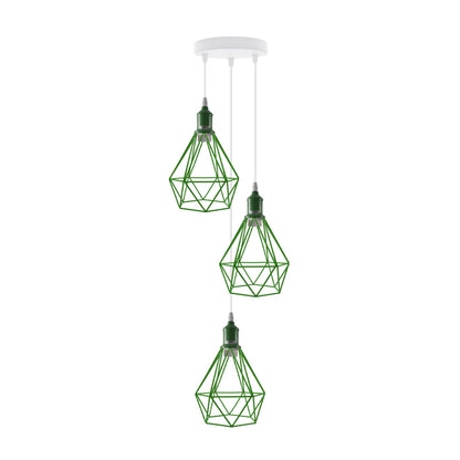 3-Light Cluster Pendant – Coloured Holders & Shades, Plate or Bar - Green, Diamond Cage Green 200 mm Rose, Without Bulb