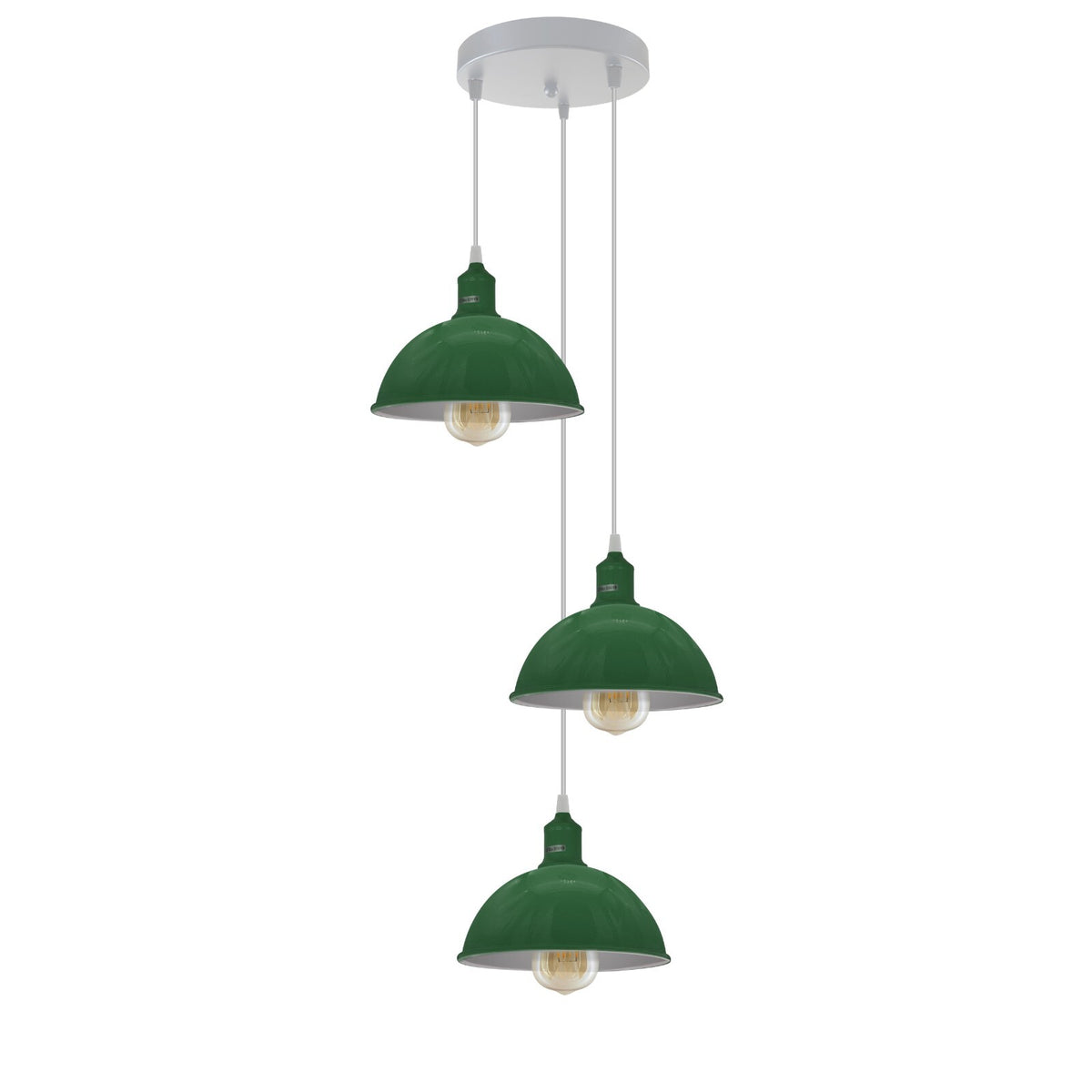 3-Light Cluster Pendant – Coloured Holders & Shades, Plate or Bar - Green, Dome 21 cm Green 200 mm Rose Cord Grip, Without Bulb