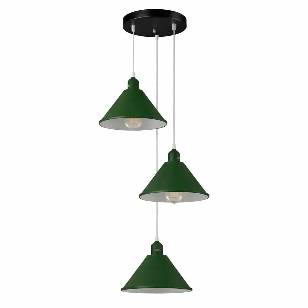 3-Light Cluster Pendant – Coloured Holders & Shades, Plate or Bar - Green, Flat Cone 22 cm Green, ST64 LED Bulb 4W