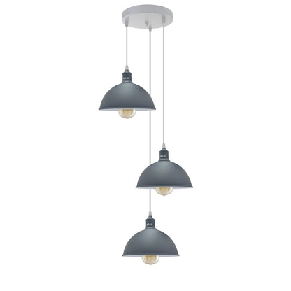 3-Light Cluster Pendant – Coloured Holders & Shades, Plate or Bar - Grey, Dome 21 cm Grey 200 mm Rose Cord Grip, Without Bulb