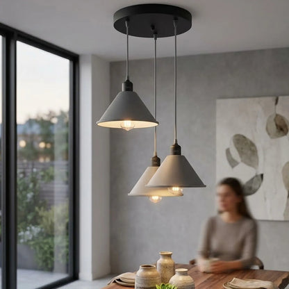 3-Light Cluster Pendant – Coloured Holders & Shades, Plate or Bar - Grey, Flat Cone 22 cm Grey, ST64 LED Bulb 4W