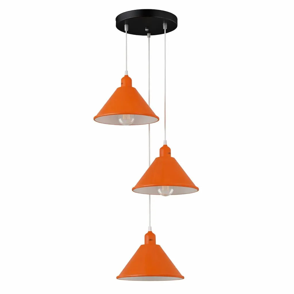 3-Light Cluster Pendant – Coloured Holders & Shades, Plate or Bar - Orange, Flat Cone 22 cm Orange, ST64 LED Bulb 4W
