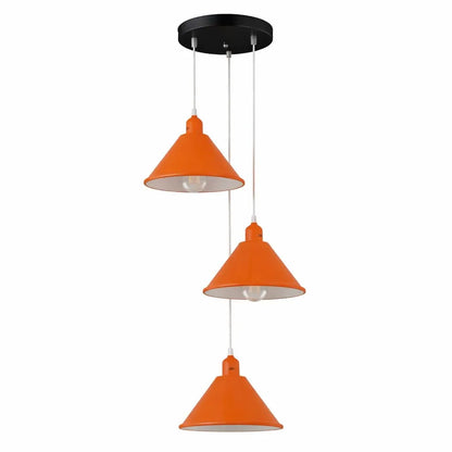 3-Light Cluster Pendant – Coloured Holders & Shades, Plate or Bar - Orange, Flat Cone 22 cm Orange, ST64 LED Bulb 4W