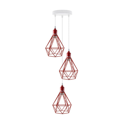 3-Light Cluster Pendant – Coloured Holders & Shades, Plate or Bar - Red, Diamond Cage Red 200 mm Rose, Without Bulb