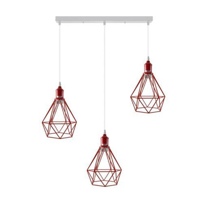 3-Light Cluster Pendant – Coloured Holders & Shades, Plate or Bar - Red, Diamond Cage Red 500 mm Rose, Without Bulb