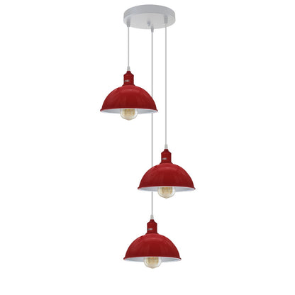 3-Light Cluster Pendant – Coloured Holders & Shades, Plate or Bar - Red, Dome 21 cm Red 200 mm Rose Cord Grip, Without Bulb