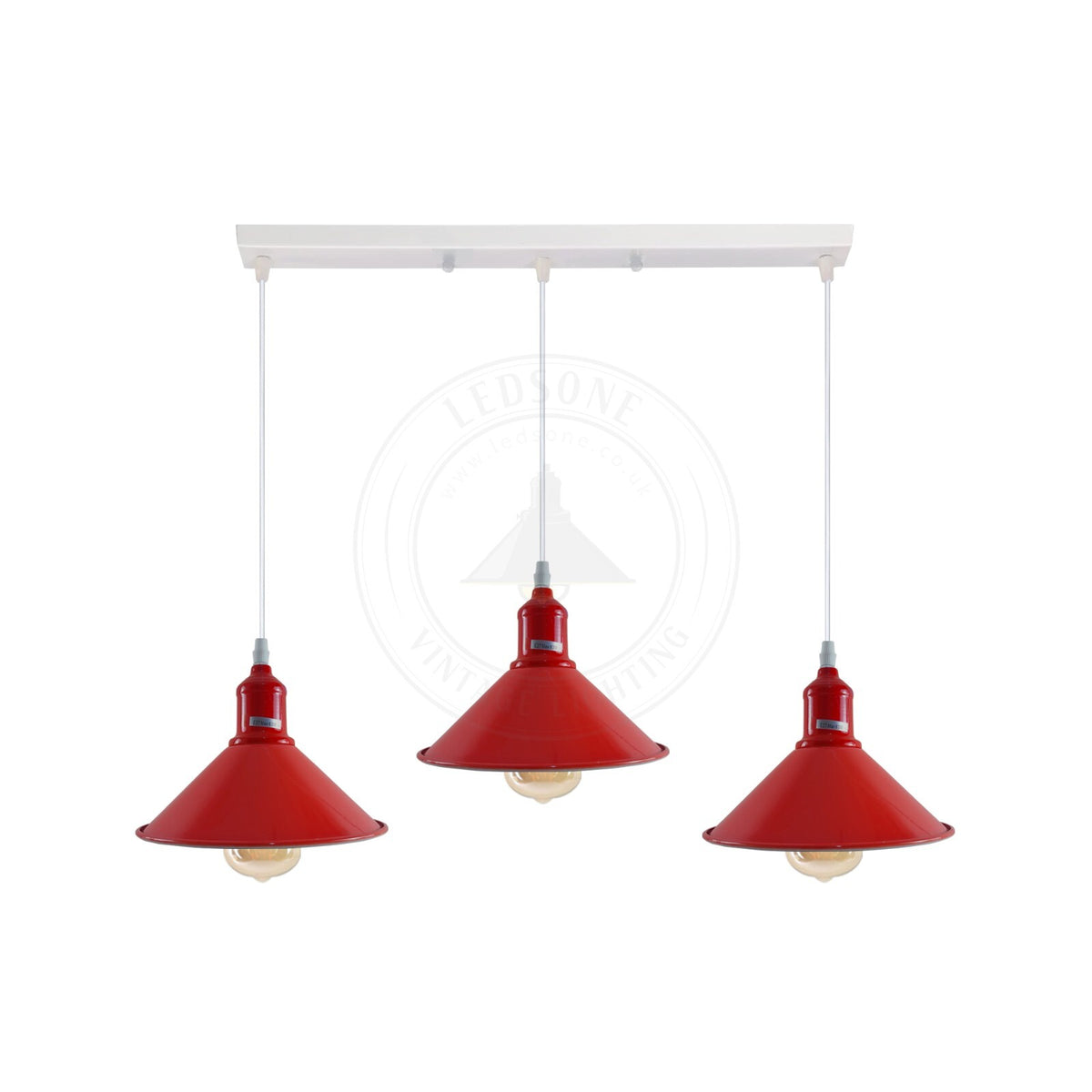 3-Light Cluster Pendant – Coloured Holders & Shades, Plate or Bar - Red, Flat Cone 22 cm Red, Without Bulb