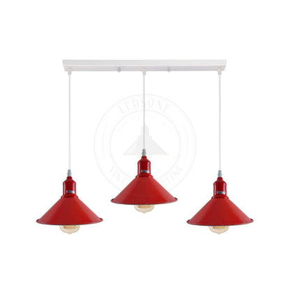 3-Light Cluster Pendant – Coloured Holders & Shades, Plate or Bar - Red, Flat Cone 22 cm Red, Without Bulb