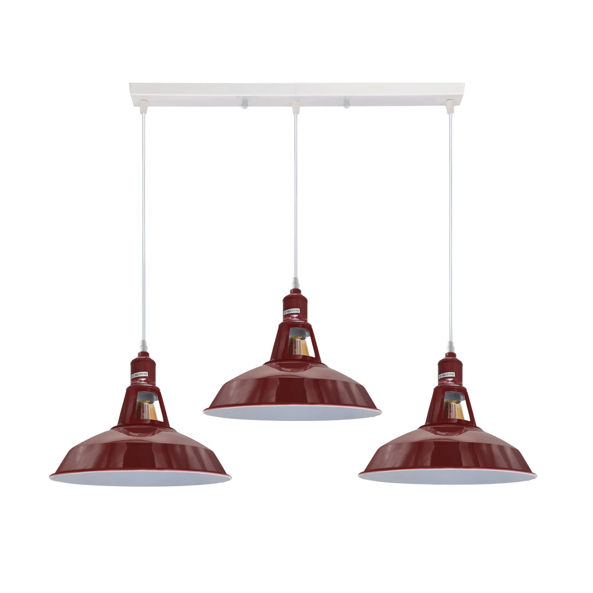 3-Light Cluster Pendant – Coloured Holders & Shades, Plate or Bar - White, Barn Slotted 30 cm Burgundy, Without Bulb