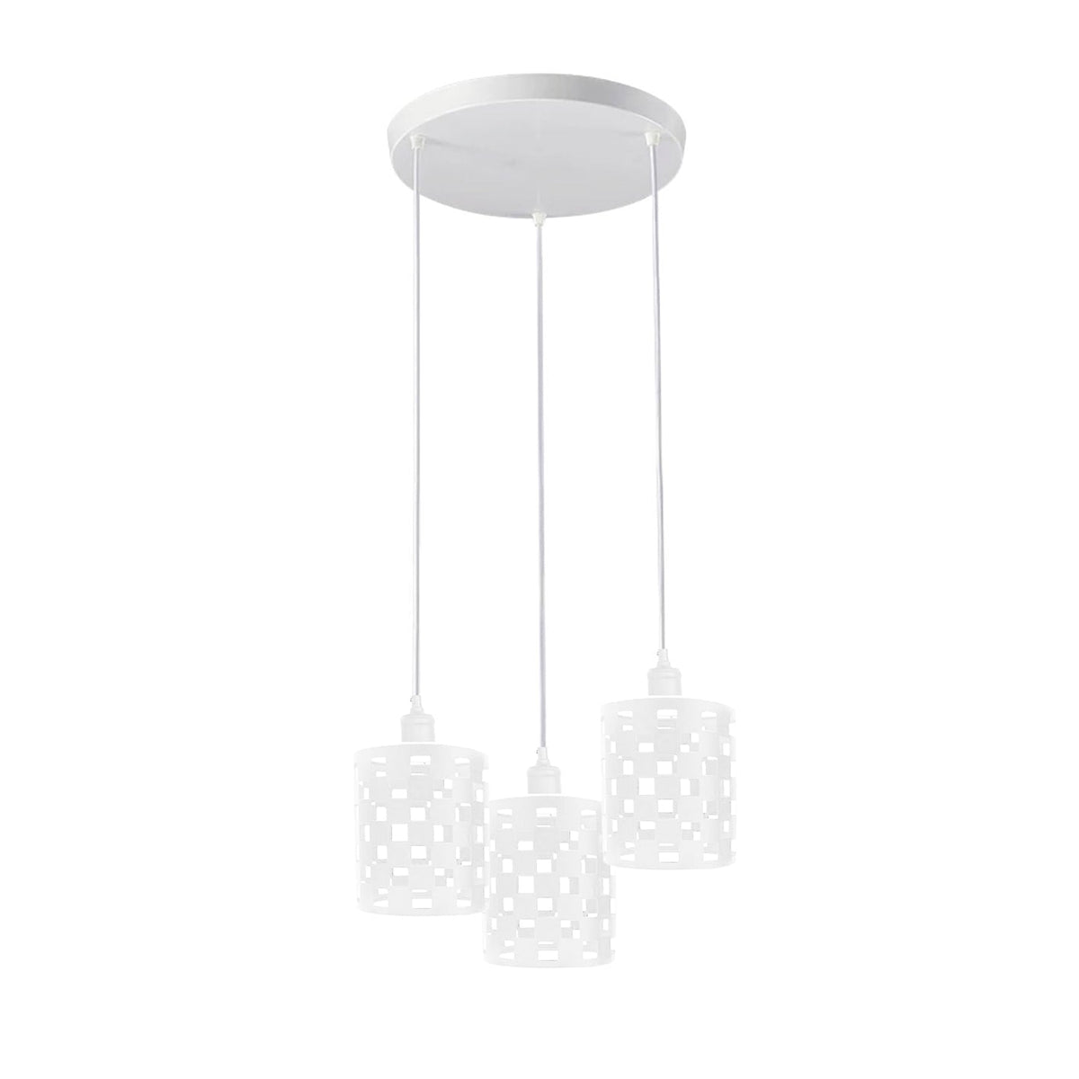 3-Light Cluster Pendant – Coloured Holders & Shades, Plate or Bar - White, Barrel Cage Style 1 White 200 mm Rose, Without Bulb