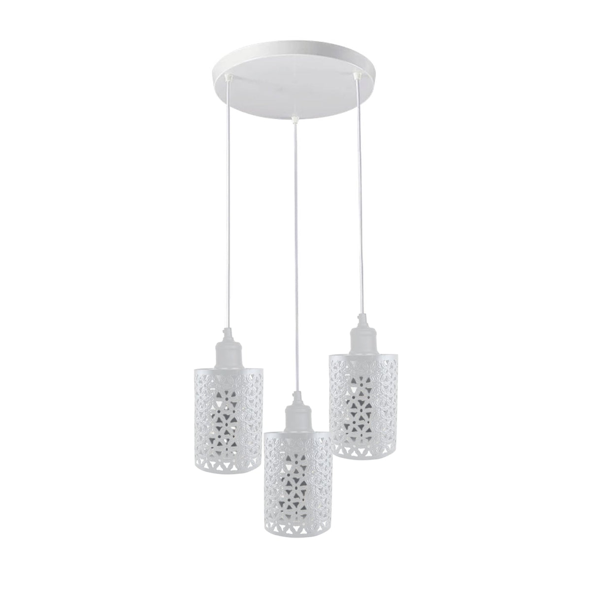 3-Light Cluster Pendant – Coloured Holders & Shades, Plate or Bar - White, Barrel Cage Style 2 White 200 mm Rose, Without Bulb