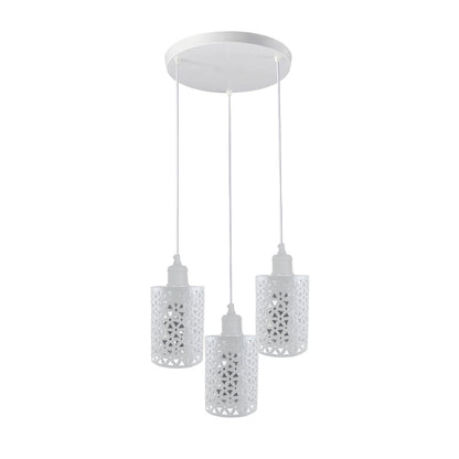 3-Light Cluster Pendant – Coloured Holders & Shades, Plate or Bar - White, Barrel Cage Style 2 White 200 mm Rose, Without Bulb