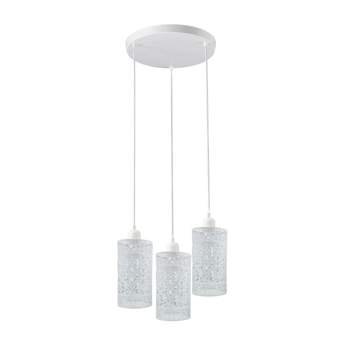 3-Light Cluster Pendant – Coloured Holders & Shades, Plate or Bar - White, Barrel Cage Style 6 White 200 mm Rose, Without Bulb