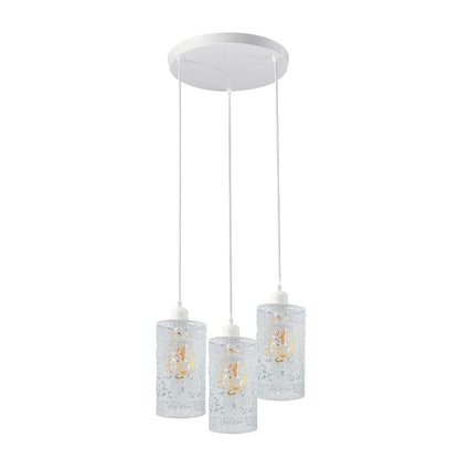 3-Light Cluster Pendant – Coloured Holders & Shades, Plate or Bar - White, Barrel Cage Style 6 White 200 mm Rose, ST64 Bulb