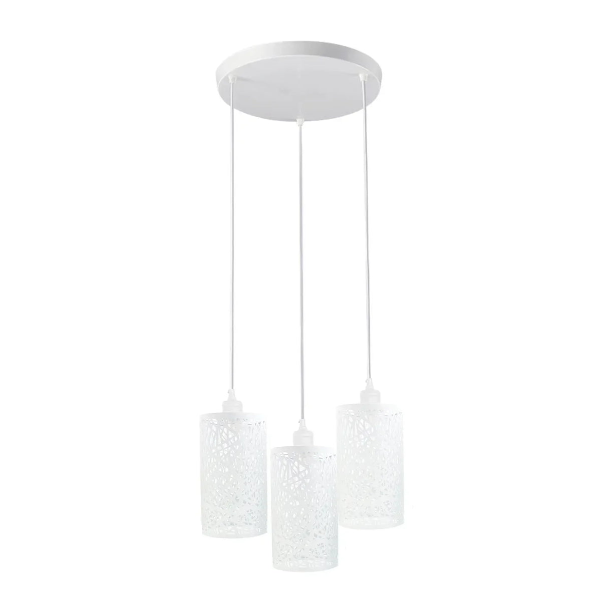 3-Light Cluster Pendant – Coloured Holders & Shades, Plate or Bar - White, Barrel Cage Style 7 White 200 mm Rose, Without Bulb