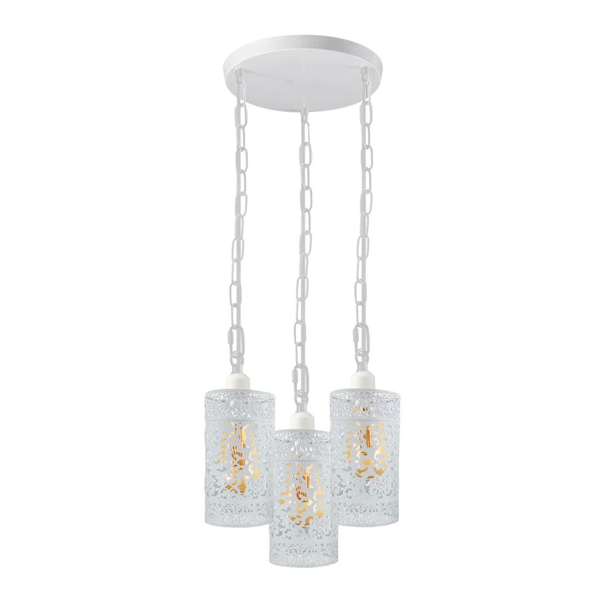 3-Light Cluster Pendant – Coloured Holders & Shades, Plate or Bar - White, Barrel Cage White 200 mm Rose Chain, Without Bulb