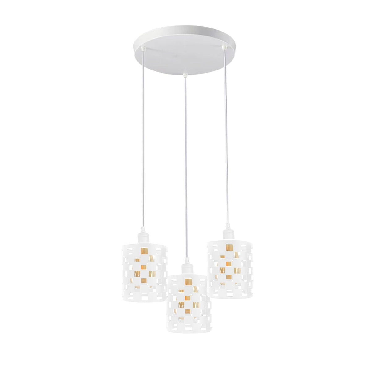 3-Light Cluster Pendant – Coloured Holders & Shades, Plate or Bar - White, Barrel Cage Style 1 White 200 mm Rose, ST64 Bulb