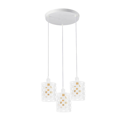 3-Light Cluster Pendant – Coloured Holders & Shades, Plate or Bar - White, Barrel Cage Style 1 White 200 mm Rose, ST64 Bulb