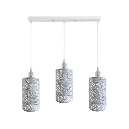3-Light Cluster Pendant – Coloured Holders & Shades, Plate or Bar - White, Barrel Cage Style 7 White 500 mm Rose, Without Bulb
