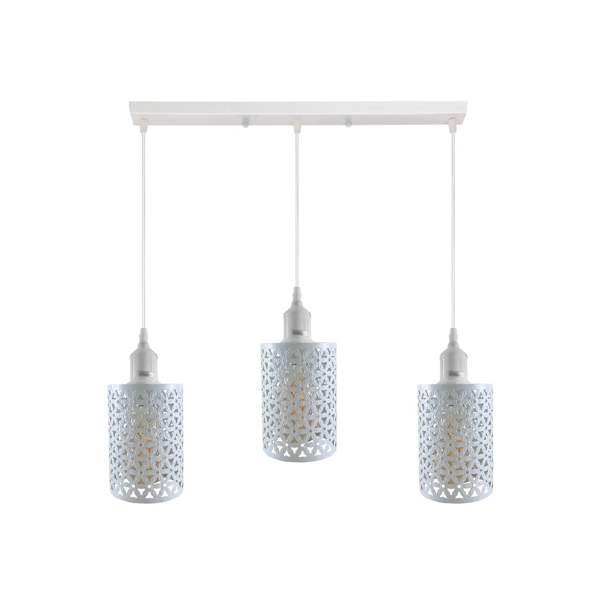 3-Light Cluster Pendant – Coloured Holders & Shades, Plate or Bar - White, Barrel Cage Style 2 White 500 mm Rose, Without Bulb