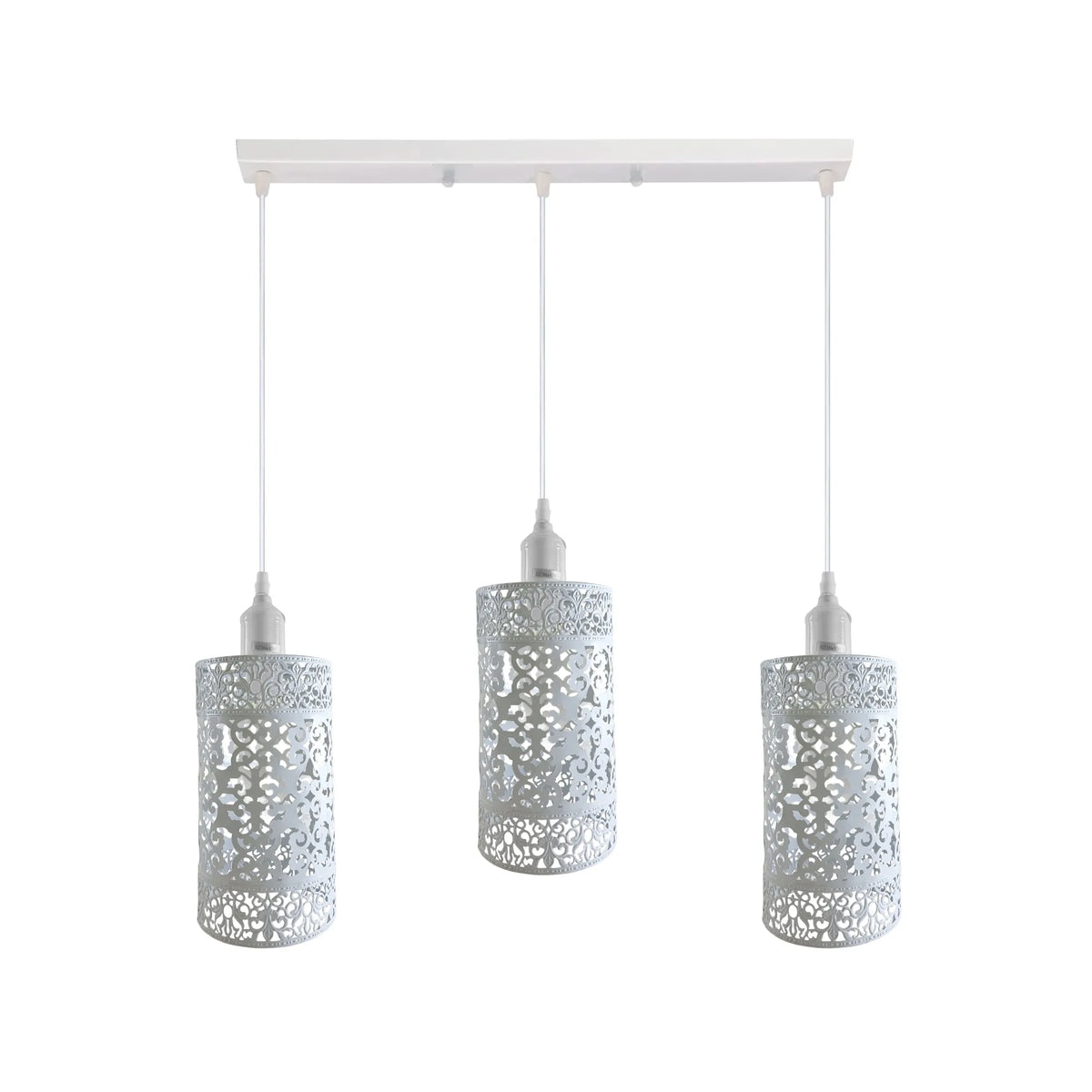 3-Light Cluster Pendant – Coloured Holders & Shades, Plate or Bar - White, Barrel Cage Style 6 White 500 mm Rose, Without Bulb