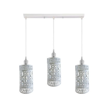 3-Light Cluster Pendant – Coloured Holders & Shades, Plate or Bar - White, Barrel Cage Style 6 White 500 mm Rose, Without Bulb