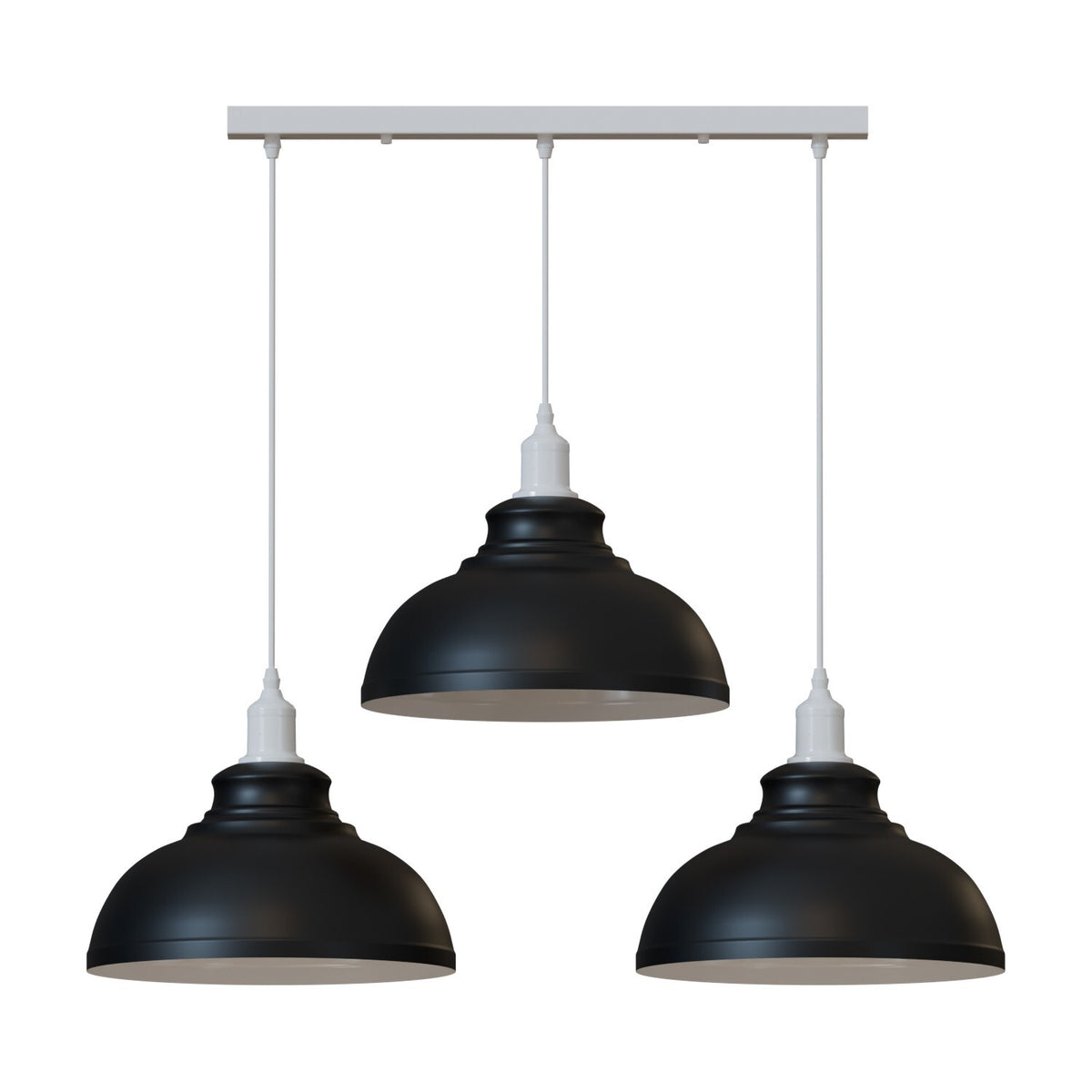 3-Light Cluster Pendant – Coloured Holders & Shades, Plate or Bar - White, Curvy 29 cm Black & White Inner, Without Bulb