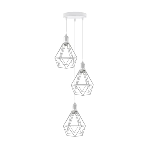 3-Light Cluster Pendant – Coloured Holders & Shades, Plate or Bar - White, Diamond Cage White 200 mm Rose, Without Bulb
