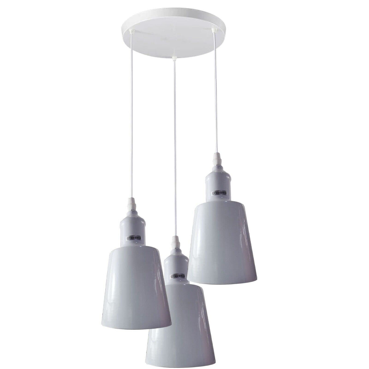3-Light Cluster Pendant – Coloured Holders & Shades, Plate or Bar - White, Tall Bell 15 cm White, Without Bulb