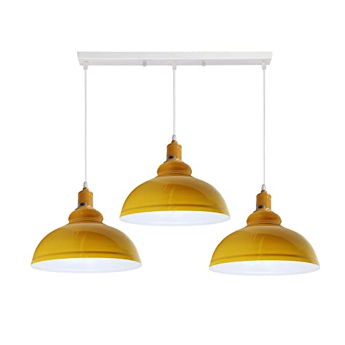 3-Light Cluster Pendant – Coloured Holders & Shades, Plate or Bar - Yellow, Curvy 29 cm Yellow, Without Bulb