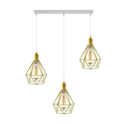 3-Light Cluster Pendant – Coloured Holders & Shades, Plate or Bar - Yellow, Diamond Cage Yellow 500 mm Rose, Without Bulb