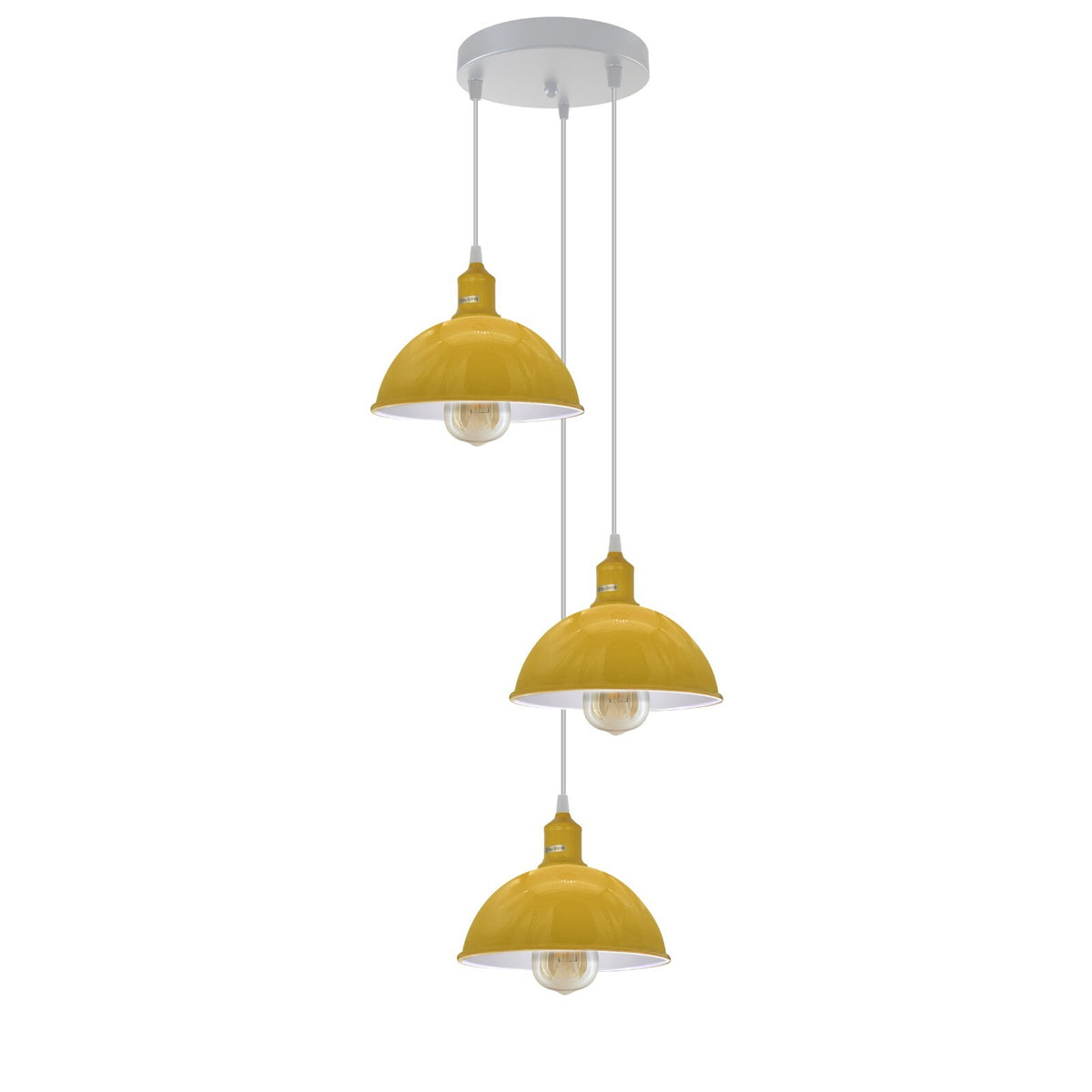3-Light Cluster Pendant – Coloured Holders & Shades, Plate or Bar - Yellow, Dome 21 cm Yellow 200 mm Rose Cord Grip, Without Bulb