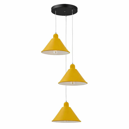 3-Light Cluster Pendant – Coloured Holders & Shades, Plate or Bar - Yellow, Flat Cone 22 cm Yellow, ST64 LED Bulb 4W