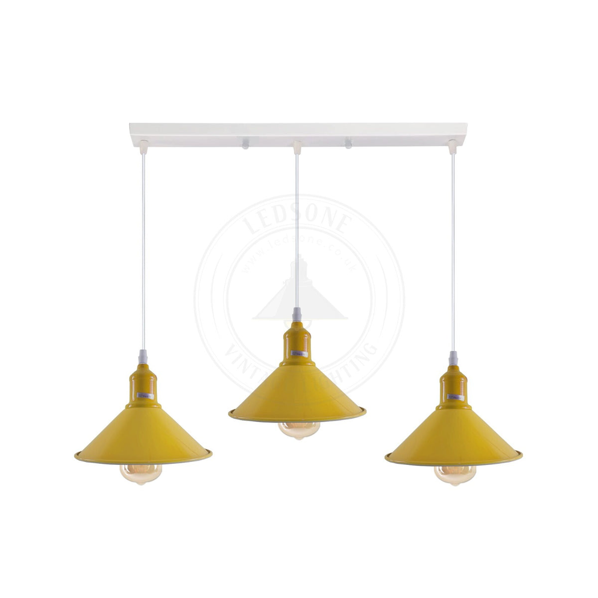 3-Light Cluster Pendant – Coloured Holders & Shades, Plate or Bar - Yellow, Flat Cone 22 cm Yellow, Without Bulb