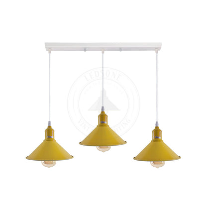 3-Light Cluster Pendant – Coloured Holders & Shades, Plate or Bar - Yellow, Flat Cone 22 cm Yellow, Without Bulb
