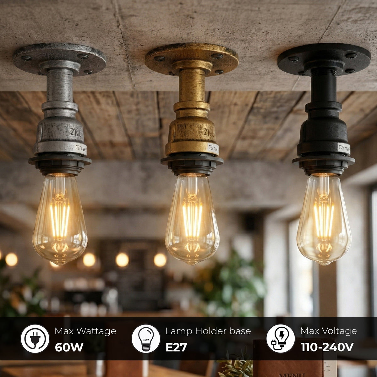 Steampunk Pipe Flush Ceiling Light – Black, Copper or Silver, E27 - photo 3