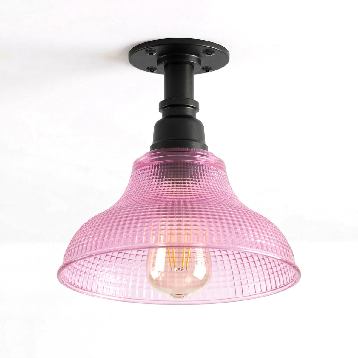 Steampunk Pipe Flush Ceiling Light – Black, Copper or Silver, E27 - Black, Purple Glass 20 cm, with LED Bulb