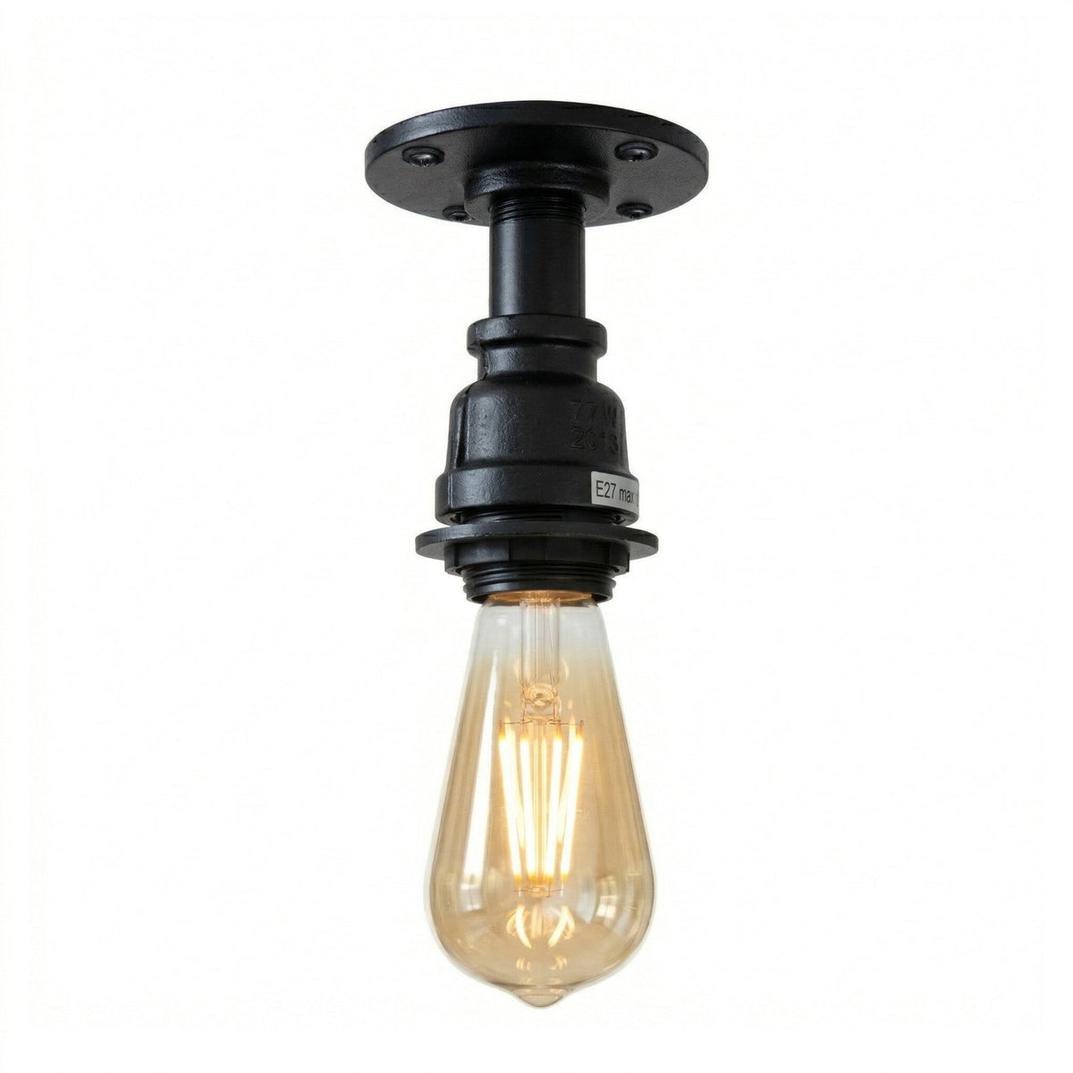 Steampunk Pipe Flush Ceiling Light – Black, Copper or Silver, E27 - Black, No Shade