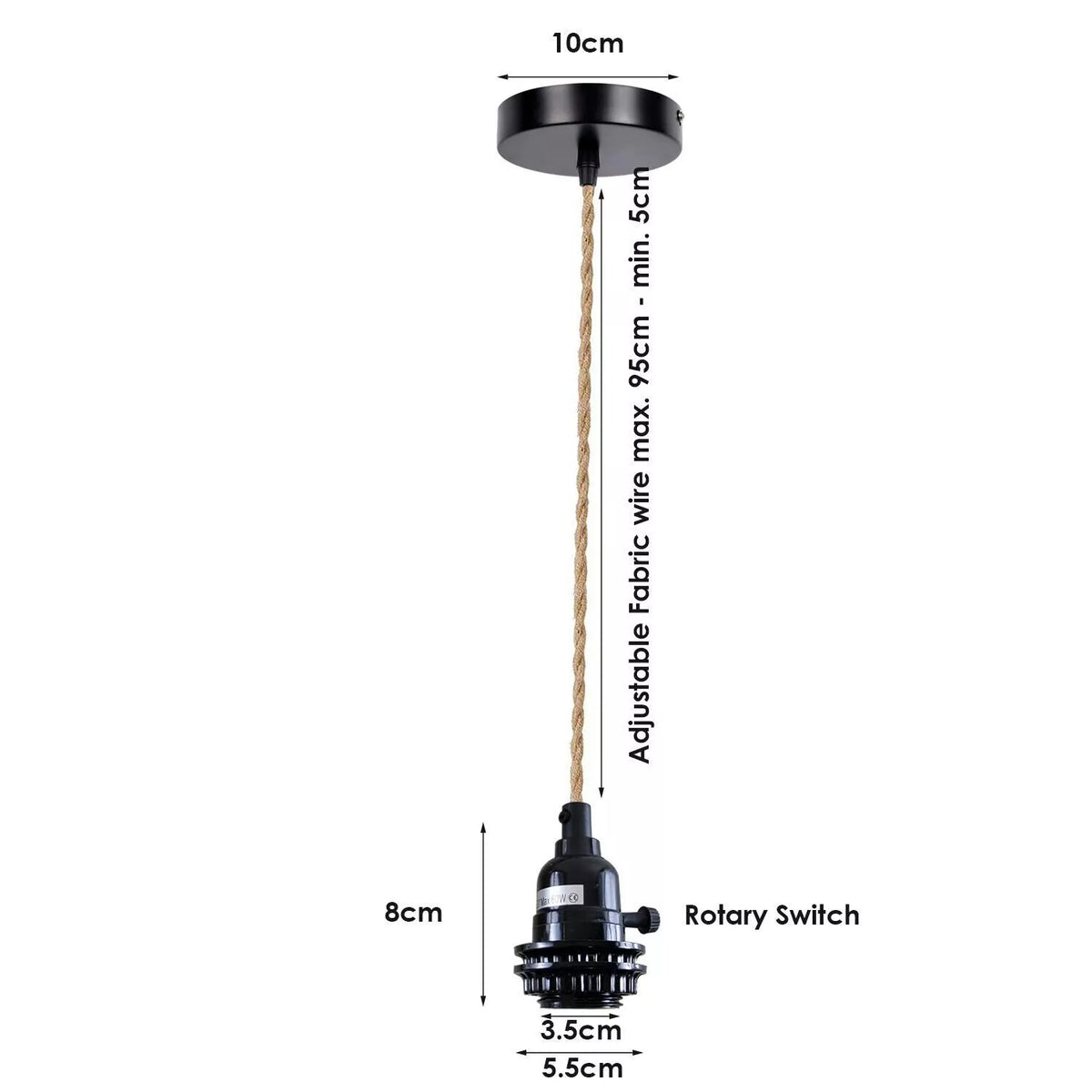 Hemp Rope Pendant Light Fitting – Switched E27 Holder, Black - photo 2
