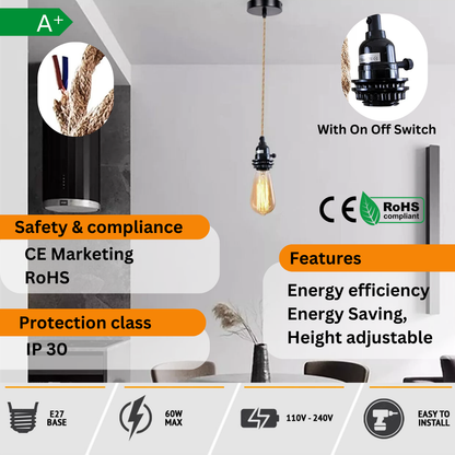 Hemp Rope Pendant Light Fitting – Switched E27 Holder, Black - photo 3