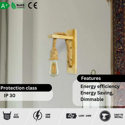 Wooden Bracket Rope Wall Light – Natural Hemp, E27 - photo 3