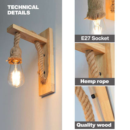Wooden Bracket Rope Wall Light – Natural Hemp, E27 - photo 4